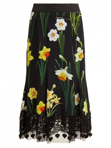 DOLCE & GABBANA Daffodil-print cady midi skirt in black
