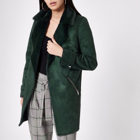 RIVER ISLAND Dark green faux suede fallaway jacket – fur collared winter coats - flipped