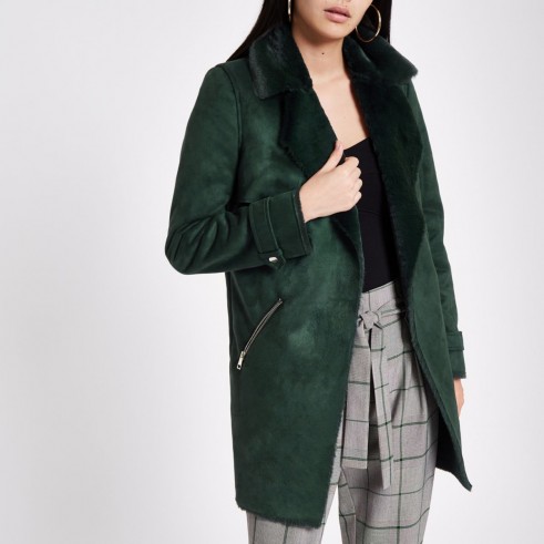 RIVER ISLAND Dark green faux suede fallaway jacket – fur collared winter coats