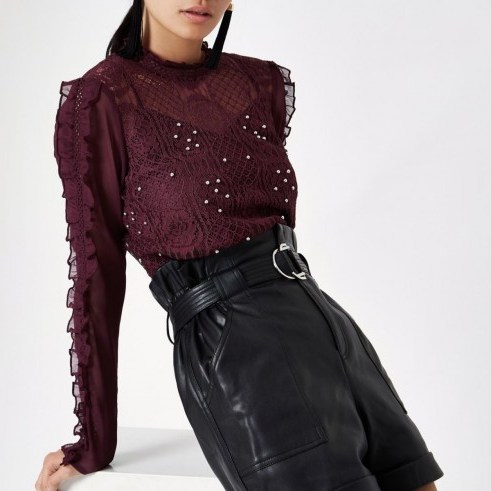 RIVER ISLAND Dark red lace long sleeve top – burgundy beaded blouse - flipped