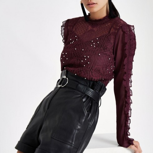 RIVER ISLAND Dark red lace long sleeve top – burgundy beaded blouse