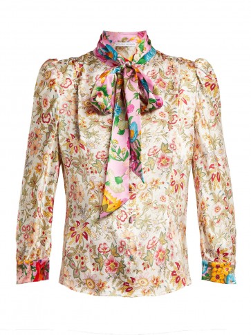 EDELTRUD HOFMANN Dia pussy-bow floral-print silk blouse ~ mixed prints ~ puffed sleeves ~ romantic style clothing