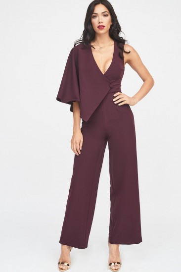 LAVISH ALICE draped sleeve wide leg jumpsuit in deep purple – plunge front party wear