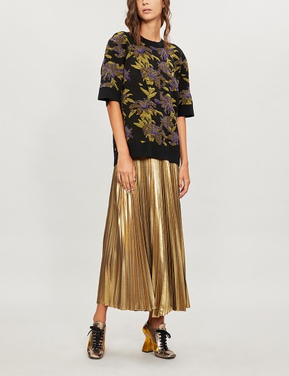 DRIES VAN NOTEN High-waist gold metallic-plissé skirt