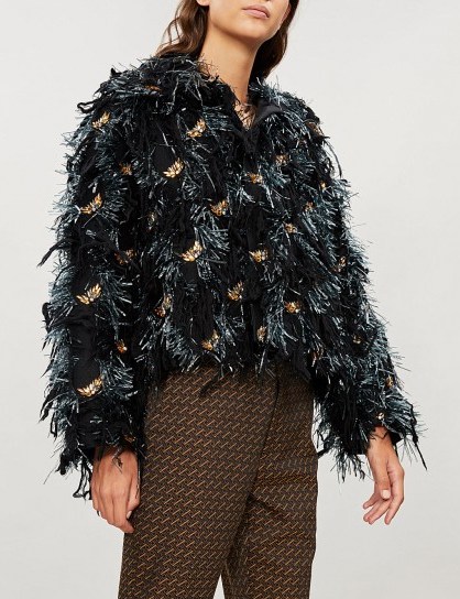 DRIES VAN NOTEN Sequin and crystal-embellished fringed wool-blend jacket in black / shaggy fur style jacket - flipped