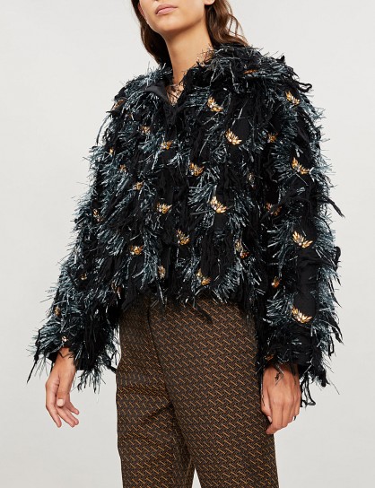 DRIES VAN NOTEN Sequin and crystal-embellished fringed wool-blend jacket in black / shaggy fur style jacket