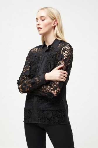 FRENCH CONNECTION EADU LACE PANELLED SHIRT in Black – semi sheer sleeves - flipped