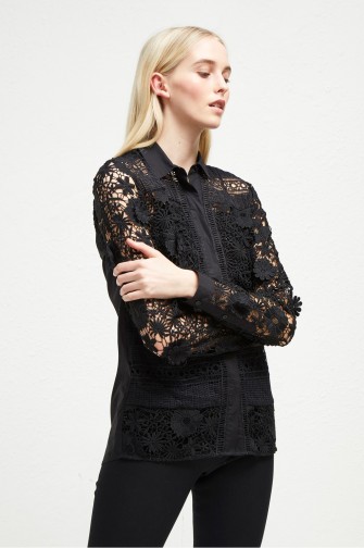FRENCH CONNECTION EADU LACE PANELLED SHIRT in Black – semi sheer sleeves