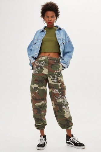TOPSHOP Khaki-Green Embellished Camo Trousers / crystal covered camouflage pants - flipped
