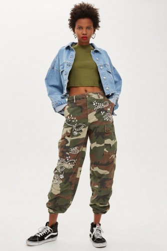 TOPSHOP Khaki-Green Embellished Camo Trousers / crystal covered camouflage pants