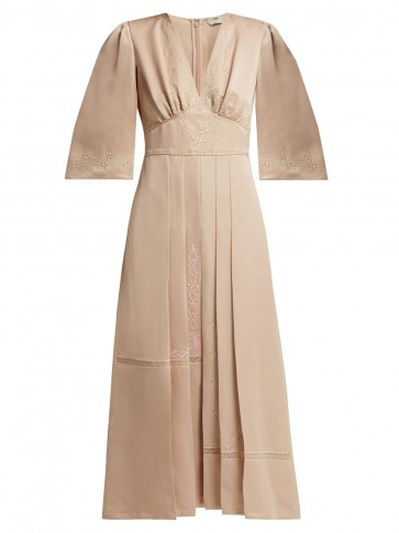 FENDI Embroidered beige silk dress ~ feminine pleated bodice