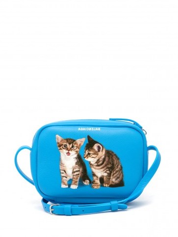 BALENCIAGA Everyday Camera XS kitten-print blue leather cross-body bag ~ cute kitties - flipped