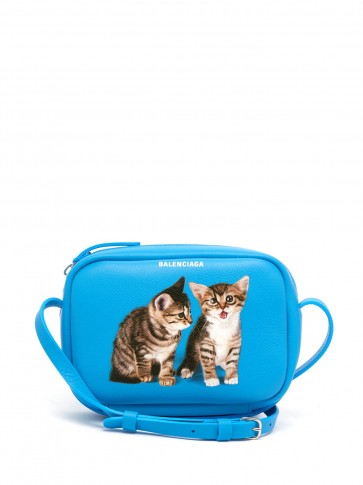 BALENCIAGA Everyday Camera XS kitten-print blue leather cross-body bag ~ cute kitties