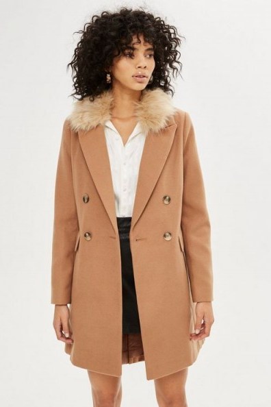 Topshop Faux Fur Collar Camel Coat | brown winter coats - flipped