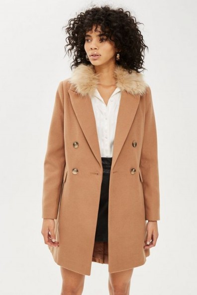 Topshop Faux Fur Collar Camel Coat | brown winter coats