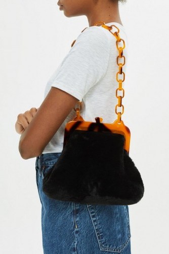 Topshop Faux Fur Frame Tortoiseshell Shoulder Bag in Black | fluffy vintage inspired bags | retro accessory - flipped