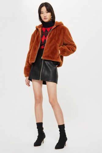 Topshop Faux Fur Zip Up Hoodie in Tobacco | autumn colours | fluffy brown jackets