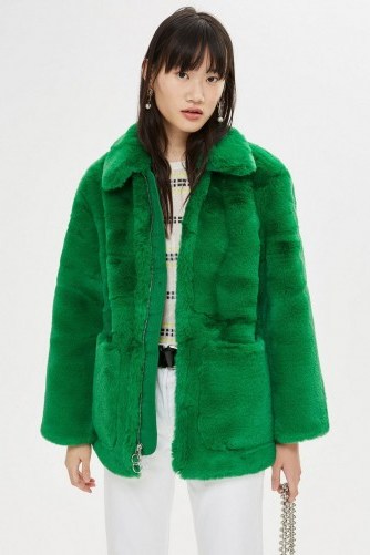 TOPSHOP Green Faux Fur Zip Up Jacket - flipped