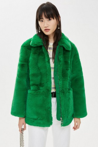 TOPSHOP Green Faux Fur Zip Up Jacket
