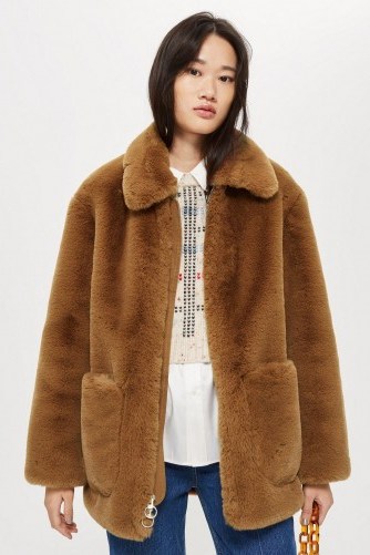 Faux Fur Zip Up Jacket in Camel | brown retro teddy - flipped
