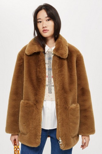Faux Fur Zip Up Jacket in Camel | brown retro teddy