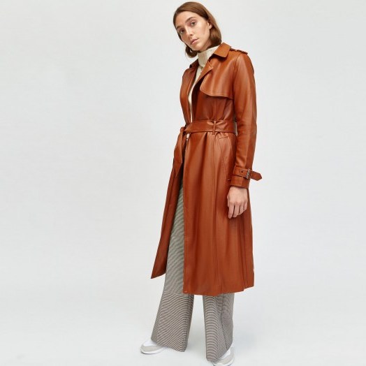 WAREHOUSE FAUX LEATHER TRENCH COAT in TAN / brown belted coats - flipped