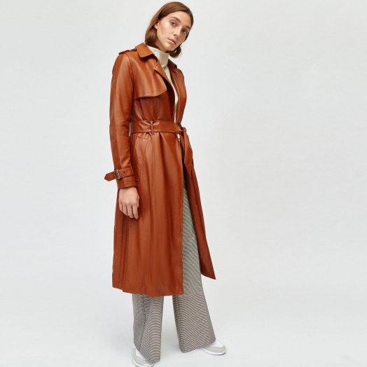 WAREHOUSE FAUX LEATHER TRENCH COAT in TAN / brown belted coats