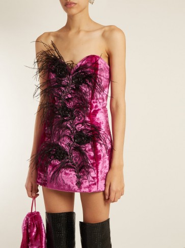 ATTICO Feather-trim pink velvet bustier mini dress
