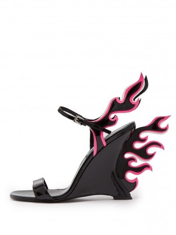 PRADA Flame black patent-leather wedge sandals ~ statement wedges - flipped