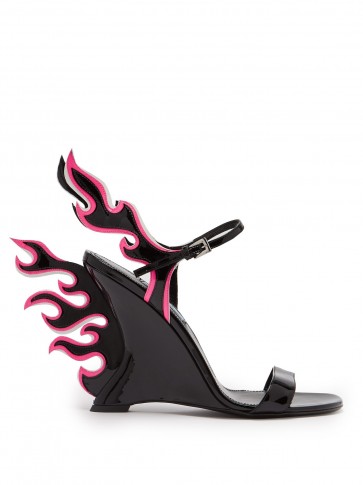PRADA Flame black patent-leather wedge sandals ~ statement wedges