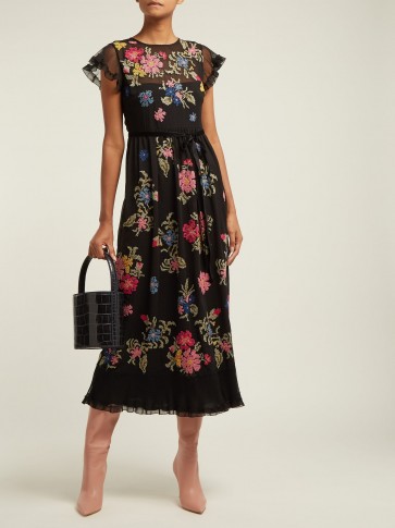 REDVALENTINO Floral-embroidered georgette dress ~ sheer flutter sleeves