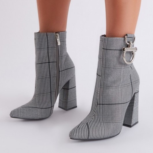 PUBLIC DESIRE FOREVER METAL TRIM ANKLE BOOTS IN GREY CHECK ~ retro footwear - flipped