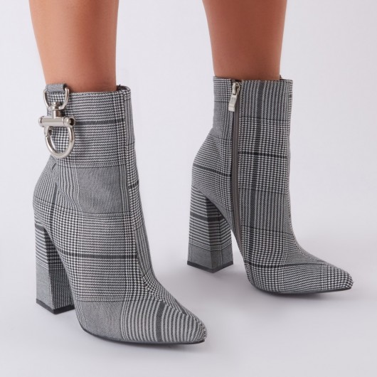 PUBLIC DESIRE FOREVER METAL TRIM ANKLE BOOTS IN GREY CHECK ~ retro footwear