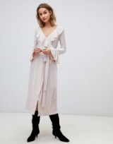 Free People One More Time glitter frill midi wrap dress in peach | 70s retro look | shimmering ruffled frock