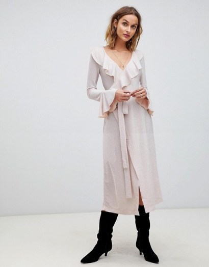 Free People One More Time glitter frill midi wrap dress in peach | 70s retro look | shimmering ruffled frock - flipped
