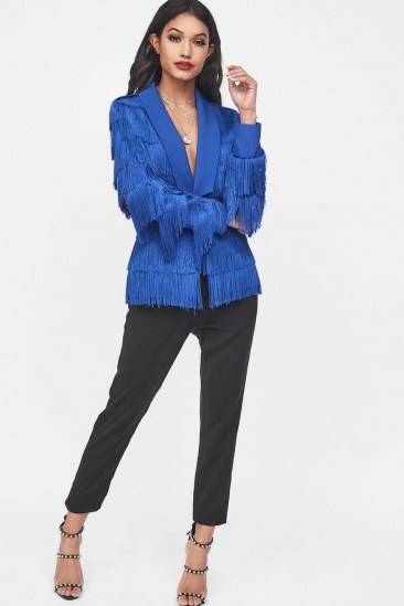 Lavish Alice fringe blazer in cobalt blue – glamorous party jacket - flipped