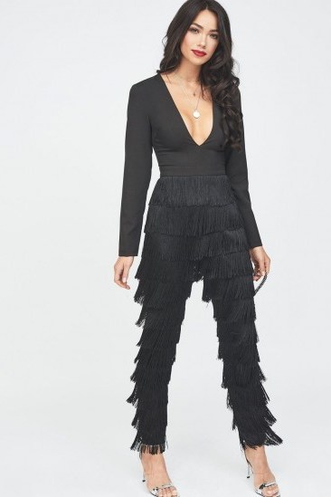 LAVISH ALICE fringe jumpsuit in black – plunging party fashion - flipped