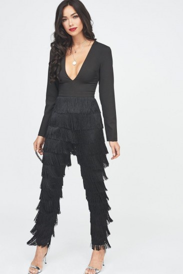 LAVISH ALICE fringe jumpsuit in black – plunging party fashion