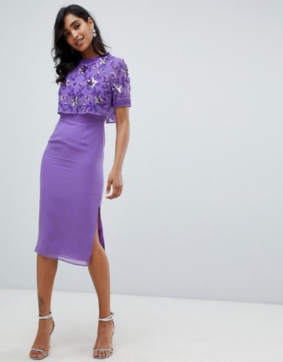 Frock And Frill embellished top midi pencil dress in purple – sequinned flowers