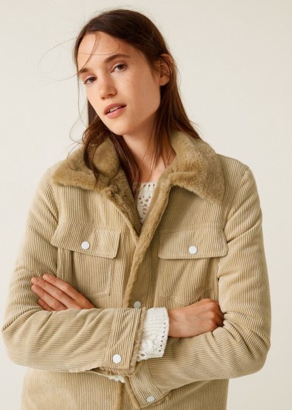 MANGO Fur corduroy jacket in beige ~ neutral Autumn outerwear - flipped