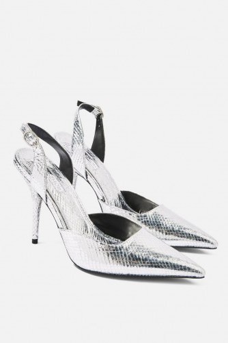 Topshop Gastro Court Shoes in Silver | metallic slingback party shoes - flipped