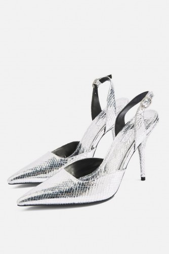 Topshop Gastro Court Shoes in Silver | metallic slingback party shoes