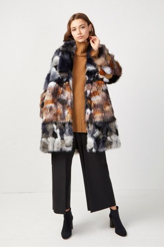 FRENCH CONNECTION GOLDA FAUX FUR COAT in Utility Blue/Brown – luxe style patchwork winter coats - flipped