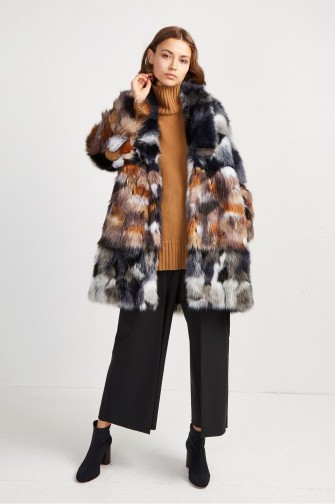 FRENCH CONNECTION GOLDA FAUX FUR COAT in Utility Blue/Brown – luxe style patchwork winter coats