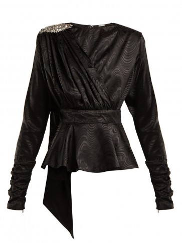 DODO BAR OR Grace black peplum satin top ~ crystal embellished shoulder brooch ~ 80s style event glamour