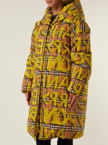 BURBERRY Yellow Graffiti-print oversized puffer coat ~ slogan printed outerwear - flipped