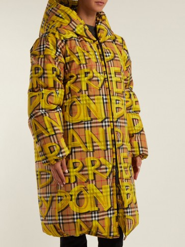 BURBERRY Yellow Graffiti-print oversized puffer coat ~ slogan printed outerwear