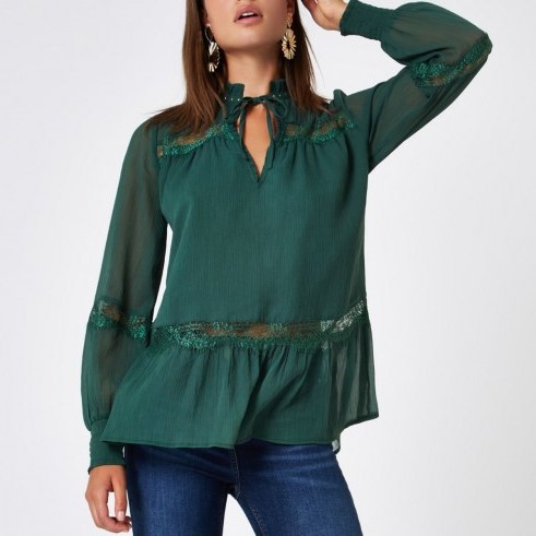 RIVER ISLAND Green stud lace trim blouse – romantic tie neck top - flipped