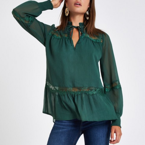 RIVER ISLAND Green stud lace trim blouse – romantic tie neck top