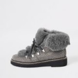 RIVER ISLAND Grey check faux fur tri boots – fluffy stud embellished boot